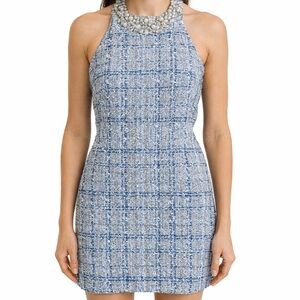 Blue Beaded Tweed Open Back Halter Dress XS